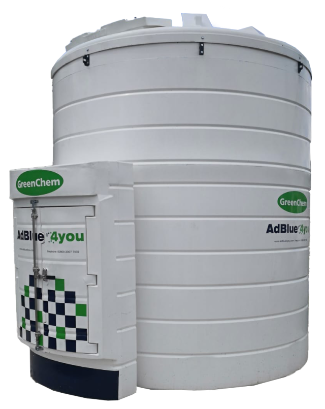 Large white industrial chemical storage tank outdoors